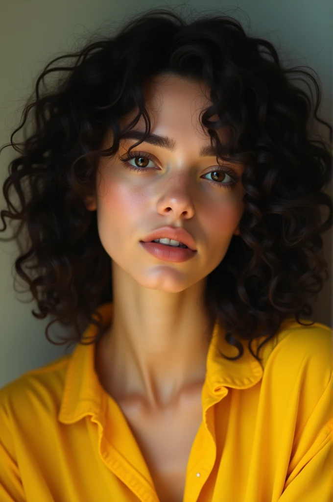 Curly haired brunette with black eyes ,with yellow shirt
