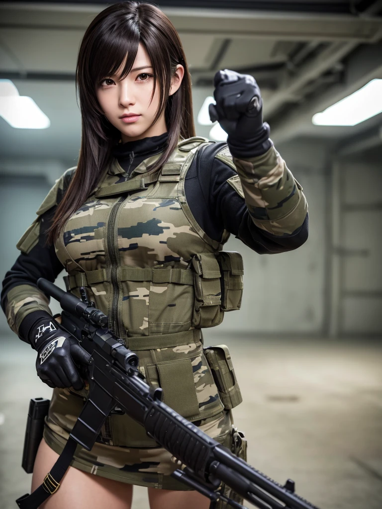 Masterpiece, best quality, ai-generated,official art, final fantasy, tifa lockhart, camouflage clothing,camouflage helmet, pleated skirt, Medium chest, A glimpse of thighs,random hair, One eye is hidden by the bangs, perfect proportions, high detail skin, Cute, detailed faces, random sexy pose, precise fingers,panty shot Girl shooting automatic rifle, (muzzle explodes:1.2), (looks into sight), finely drawn automatic rifle, bulletproof suit, (turn towards the viewer), syncs body orientation and gaze, dynamic angle, battle, war,