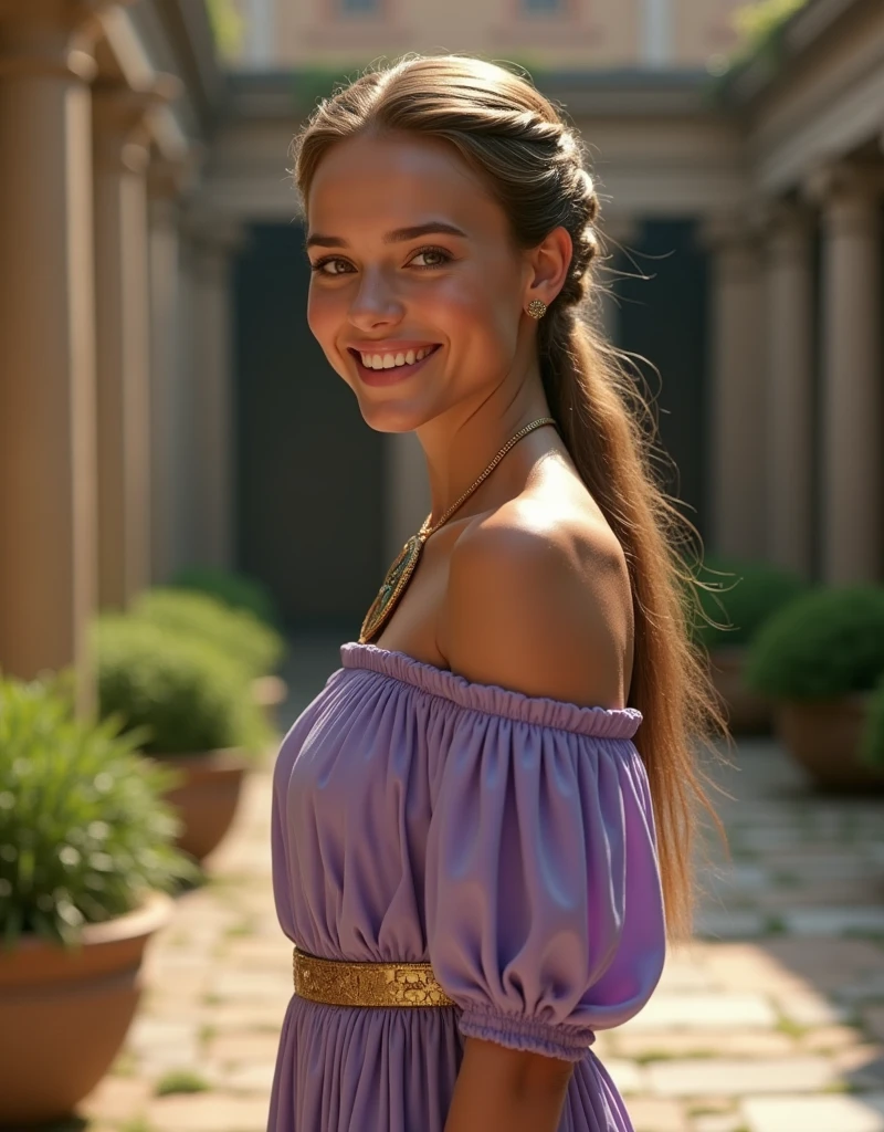 Foto hiperrealista en primer plano de Alicia Vikander, masterpiece, best quality, (photorealistic:1.4), full body, scene from ancientRrome, traditional light purple roman long round-neck dress with gold belt, garden, cinematic light, beautiful woman, skinny, large breasts, straight dark blond hair, detailed face, smile she laughs, facing the camera, photo taken from a distance, age of 20 years old, her legs are visible
