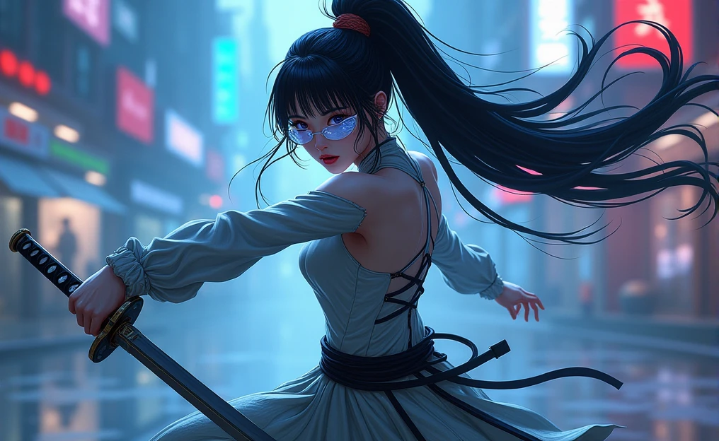 The figure of a young Asian girl, showing strength and determination, with long dark hair in a tail with mobility like water, almost unreal pale complexion and lips of a color somewhat similar to her complexion and robotic clothing carrying a katana, Deep blue eyes and some kind of transparent robotic eye covers and a determined look, The background is cyberpunk in deep blue and purple colors