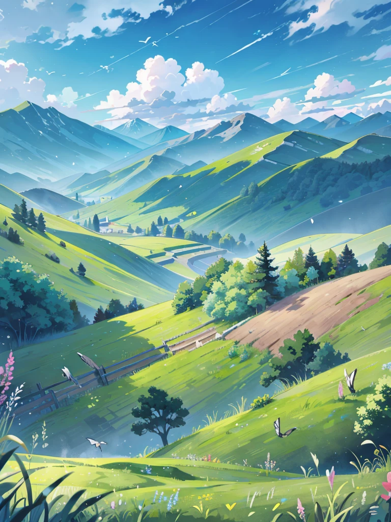 lush nature landscape, tall grass and wildflowers in foreground, winding path through green meadow and trees in center, majestic mountains and blue sky in background, scattered clouds, flying birds