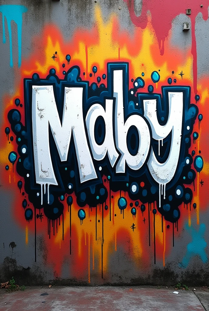 Cholo style graffiti with the text "Maby" in white