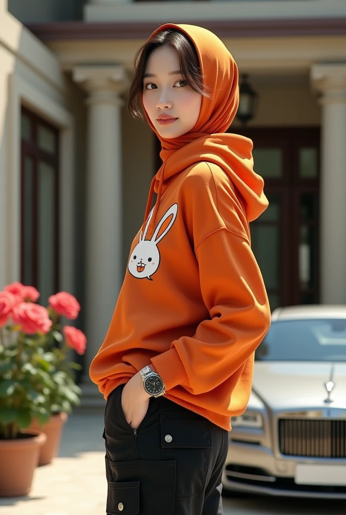 Beautiful Korean girl with smooth white skin. Well-groomed face, orange hijab with rabbit motif, orange hoodie decorated with rabbits, cargo pants with lots of black pockets, cool watch, standing with his back to the luxury car while smiling faintly, facing the camera, in the middle. The background is a large luxury house, there are roses blooming in pots, the photo is original and realistic