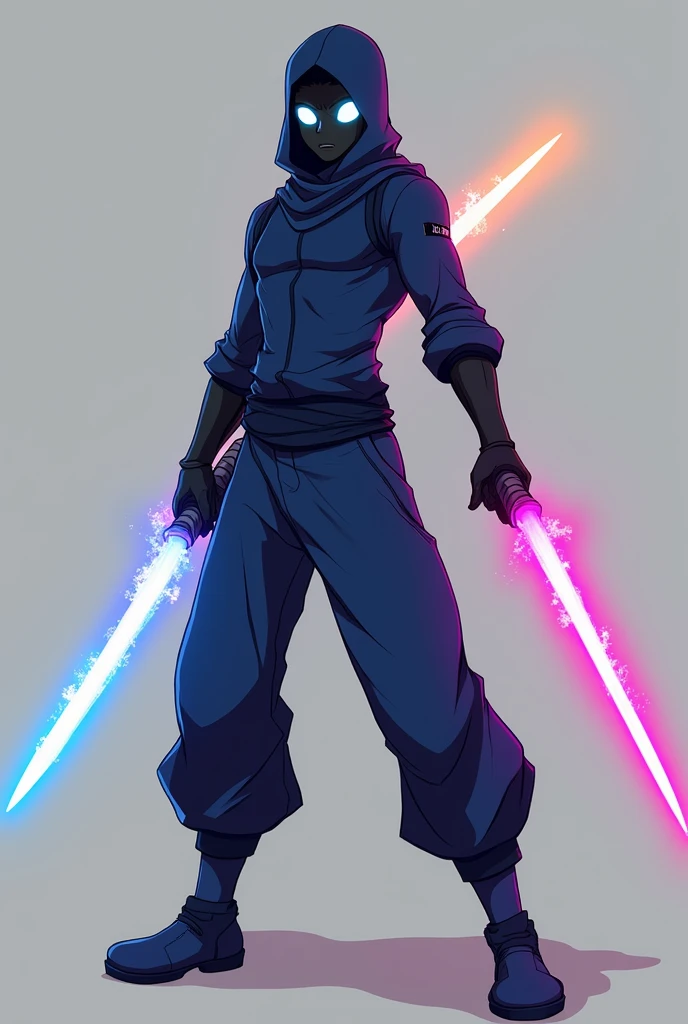 Blue ninja suit,has a pitch black body . Shining Blue eyes,Glowing Green Eyes,Glowing Red eye,Has Glowing Purple eyes, Glowing White eyes, and has Medium muscle mass,An anime man with one purple aura sword and one orange aura sword positioned diagonally behind him.