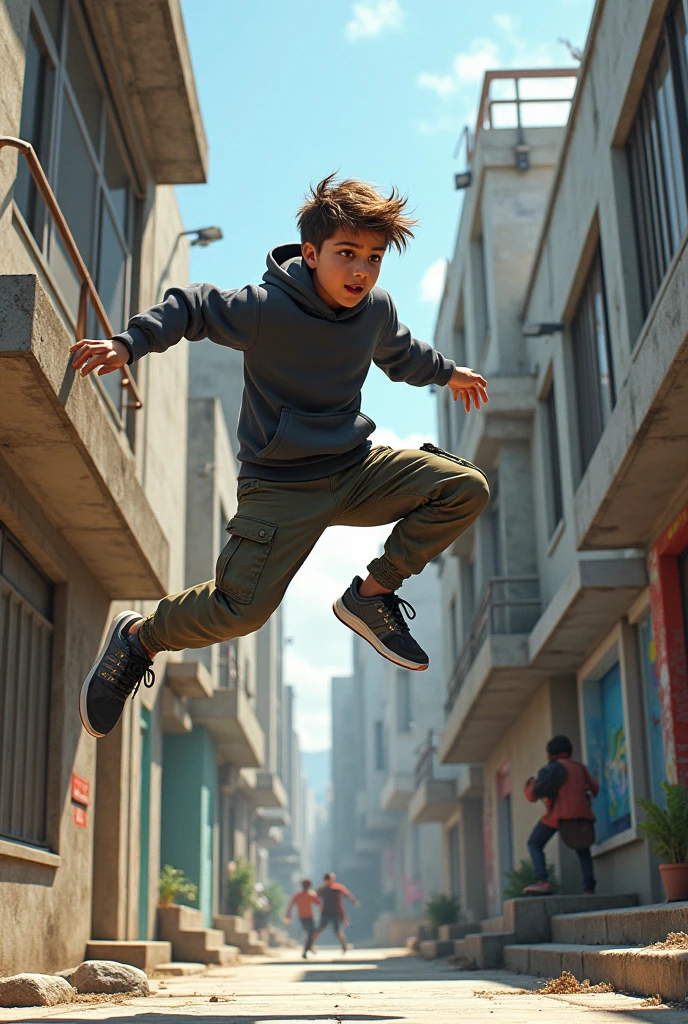 boy practicing parkur in urban clothing at an arts school