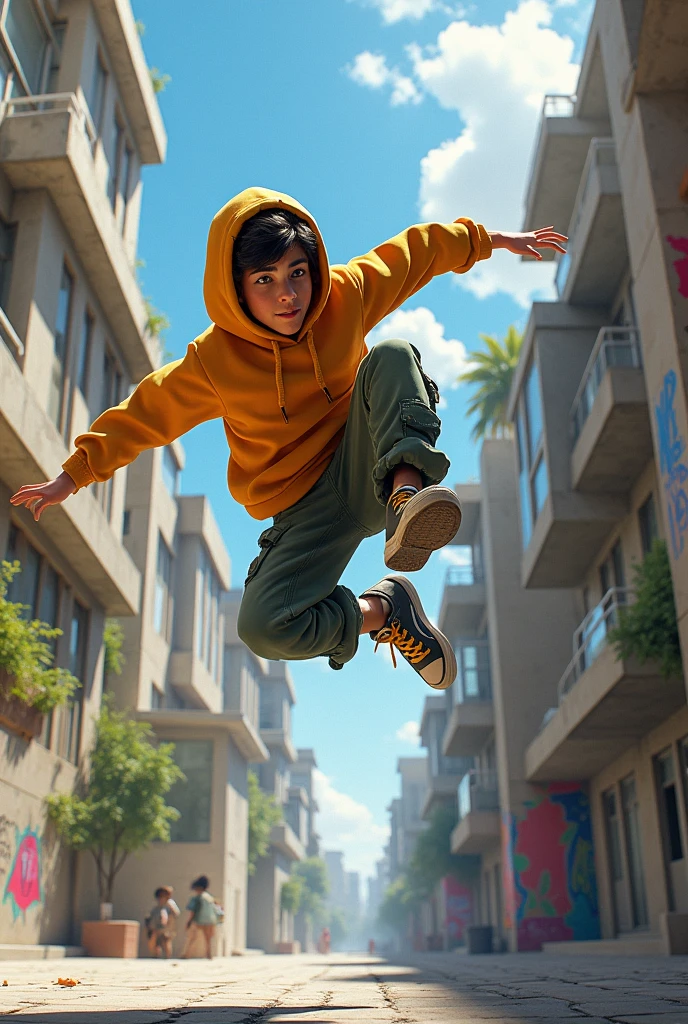  boy practicing parkur in urban clothing at an arts school