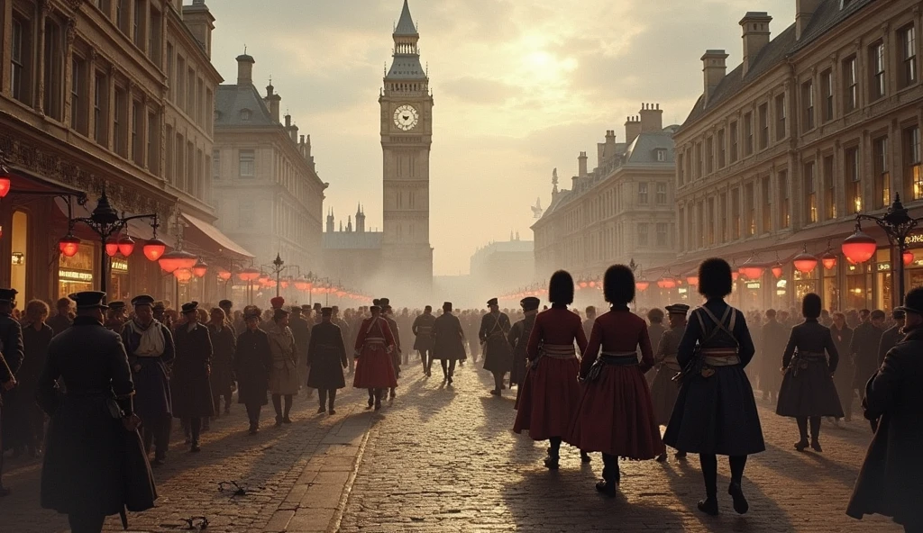 1802 City of London in chaos; soldiers marching in the streets