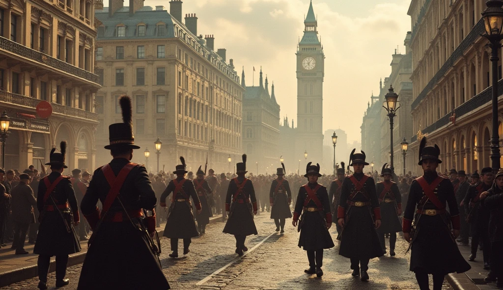1802 City of London in chaos; soldiers marching in the streets