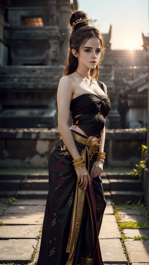 (Emma Watson), Thai women; Warrior walking along a Thai temple, dynamic pose, sitting with legs apart, Slit Thai chat outfit, strapless shirt, long hair, black eyes, abdominal muscles, thin body, round chest (very large chest), cleavage, small thighs, long legs, morning sunlight. Gaze at viewer, (sexy pose), ((facial details)), double eyelid, finished, realistic, masterpiece, highest quality, flare, shadow, old temple, temple, [[chromatic aberration]] ,High contrast HDR digital painting Covered with a long sash.