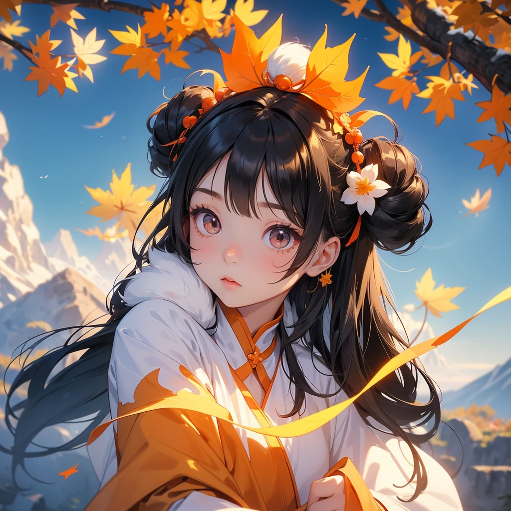A chibi child girl had a small face and Wearing white little Taoist priest's outfit, A pair of big round eyes shone with curiosity about him, This child was so cute, her hair is black with two buns on her hair, The backdrop of the mountains that turn orange in spring, and maple leaves fall from the trees.