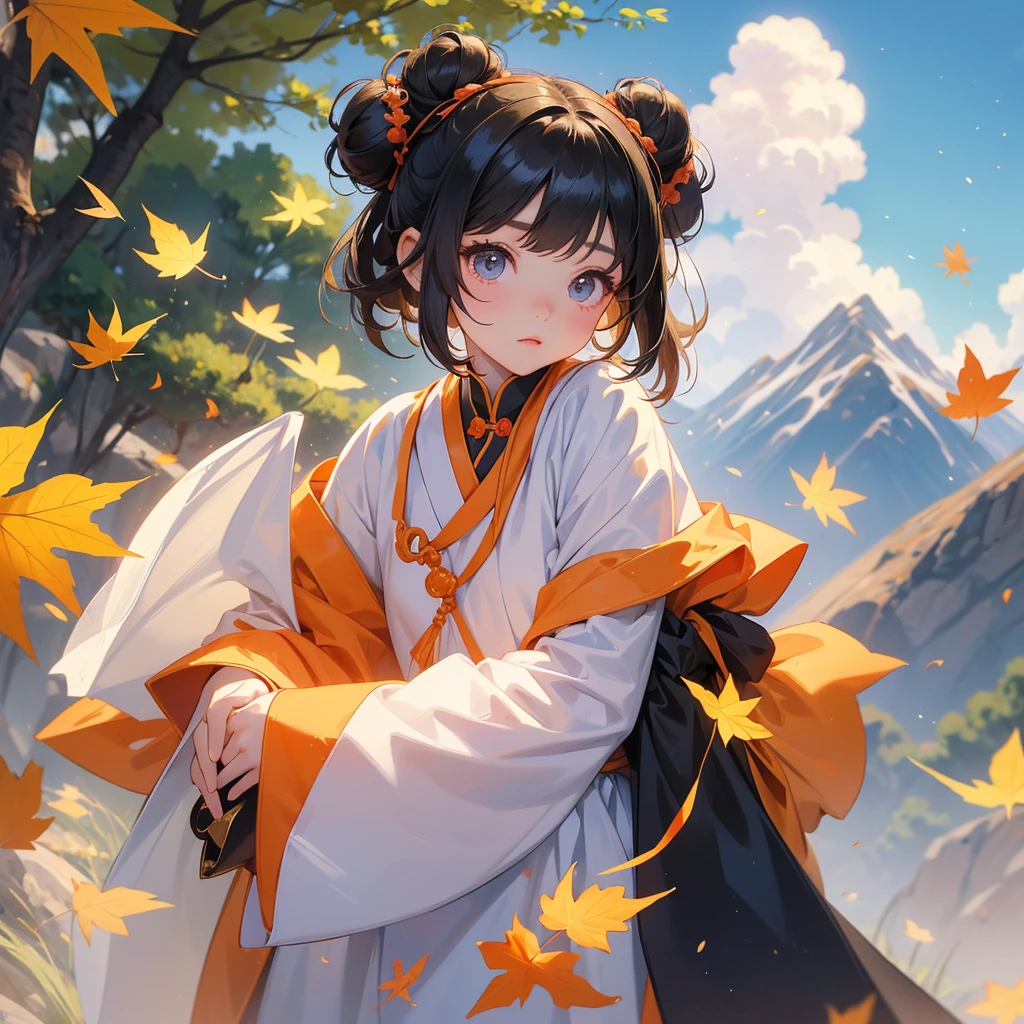 A chibi child girl had a small face and Wearing white little Taoist priest's outfit, A pair of big round eyes shone with curiosity about him, This child was so cute, her hair is black with two buns on her hair, The backdrop of the mountains that turn orange in spring, and maple leaves fall from the trees.



