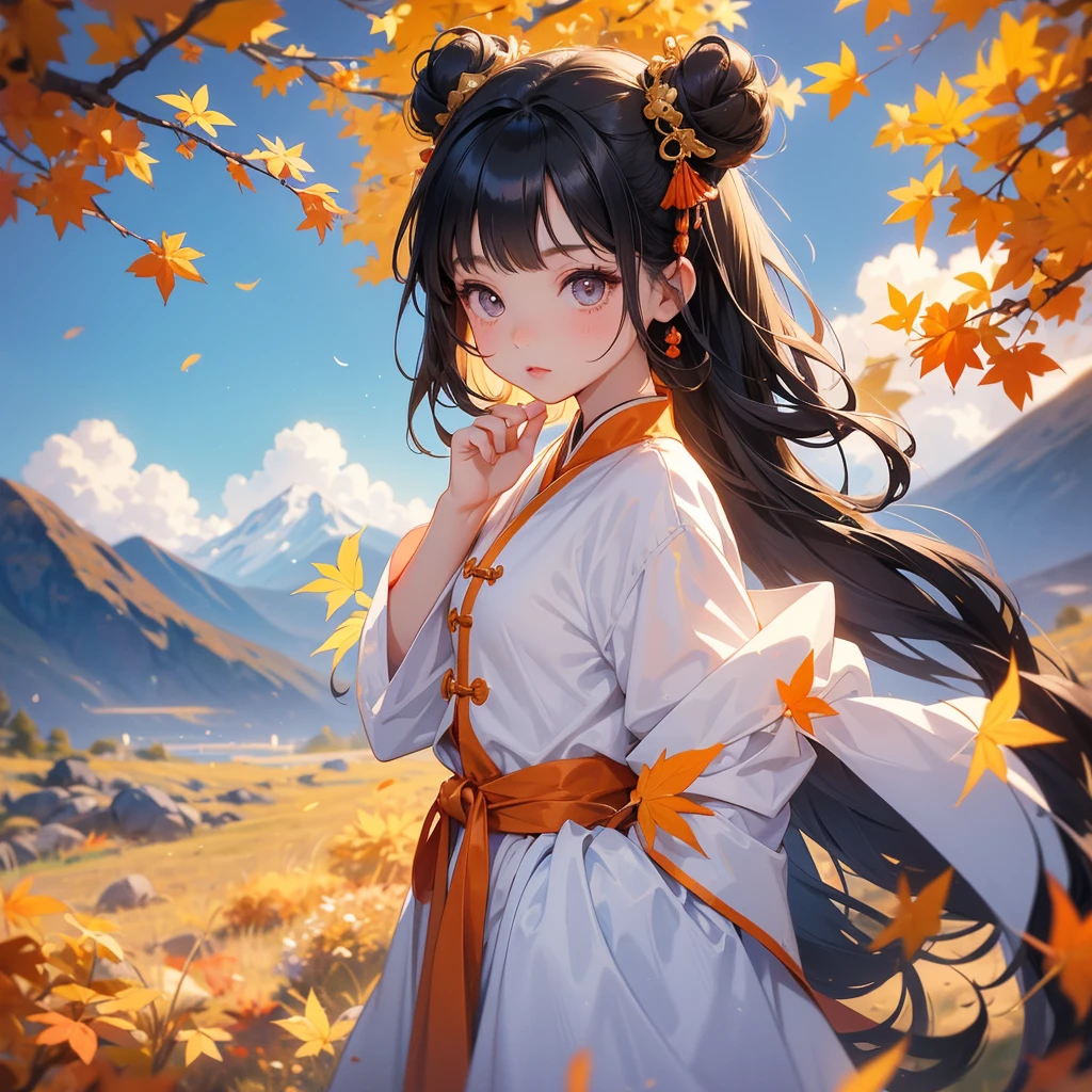 A chibi child girl had a small face and Wearing white little Taoist priest's outfit, A pair of big round eyes shone with curiosity about him, This child was so cute, her hair is black with two buns on her hair, The backdrop of the mountains that turn orange in spring, and maple leaves fall from the trees.