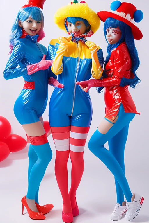 Three clown girls clowning Rubber Suit hair color: blue(1.1) Japanese Red and blue clown suit Two-pronged clown hat Clown makeup