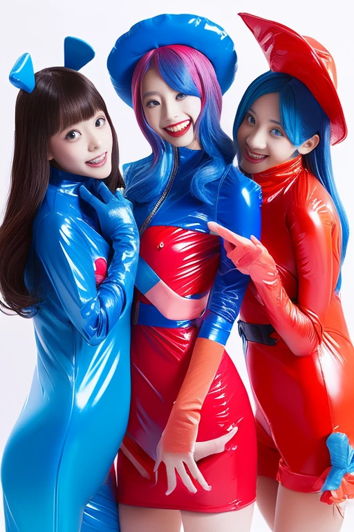 Three clown girls clowning Rubber Suit hair color: blue(1.1) Japanese Red and blue clown suit Two-pronged clown hat Clown makeup