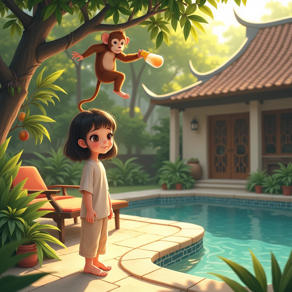 Draw a girl with Asian features, in the courtyard of a house, next to a pool, in front of a mango fruit tree, On the fruit tree there is a monkey with a baby bottle, warm weather, but the monkey is up in the tree