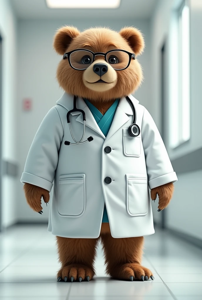 a bear wearing doctor clothes with glasses