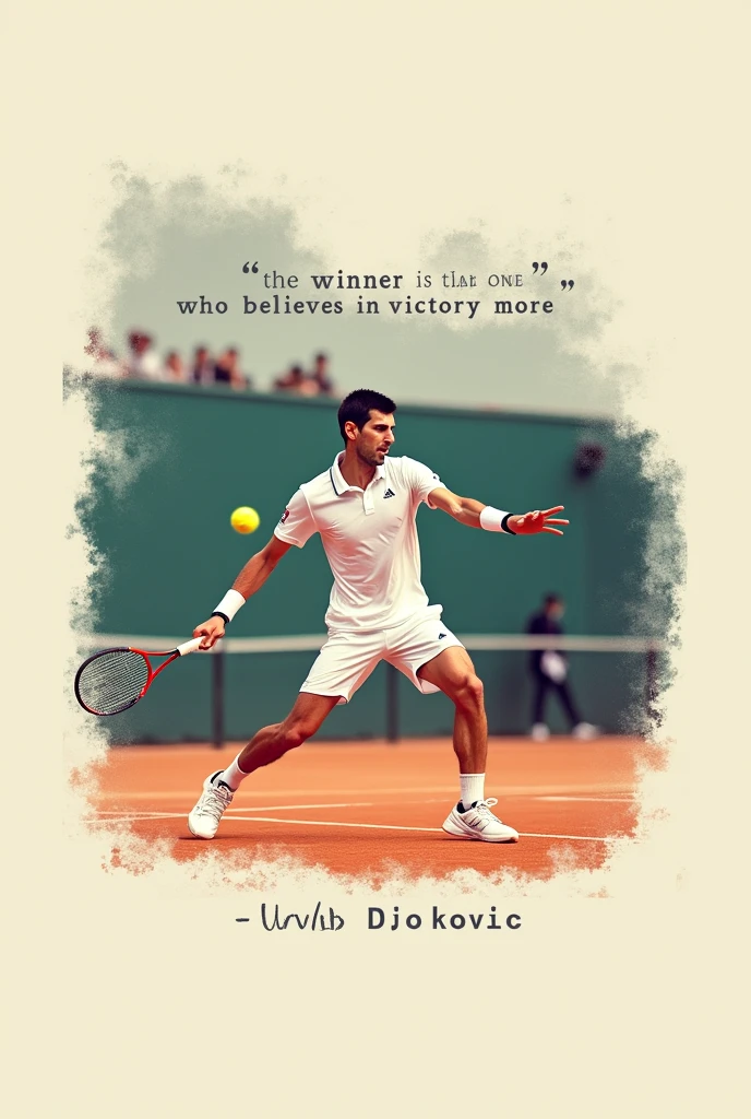 Minimalist and animated but realistic square size collage image of Novak Djokovic playing a match. In the background a tennis court, with soft colors and with the English phrase of Novak Djokovic: “The winner is the one who believes in victory more”.