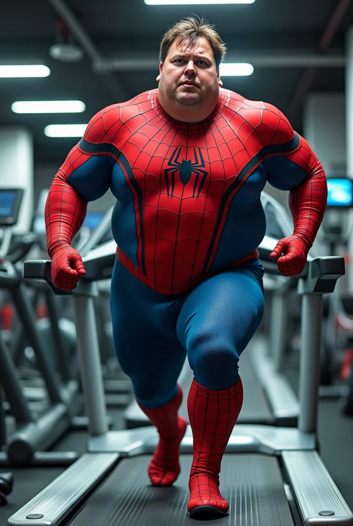 Overweight Spider-Man, in his full uniform, is running very fast on the treadmill in the gym."