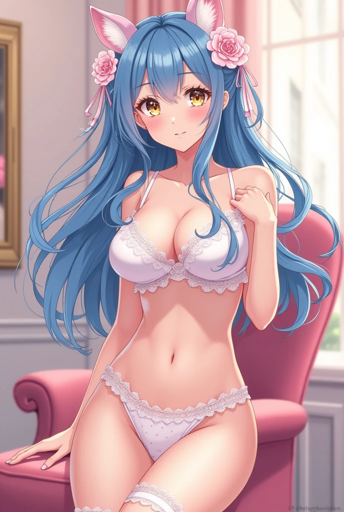 ((Highest quality:1.2, 4K, 8k, Studio Anime, Very detailed, up to date, Vibrant, Attention to detail, High Contrast, masterpiece:1.2, Highest quality, Best aesthetics), (((1 person))), Sit and pose,White polka dot bra and panties、Knee-high socks, sneakers :1.2, Embarrassed face, Dynamic Angle, look up:1.3, Friendly atmosphere, Blue Hair, No bangs、Shiny Hair, Beautiful Skin, Detailed face and eyes, Glossy Lips, Curvy Women, Striking contrast,Pink Panties、谷間が見えるHighest quality、masterpiece、8k、Best image quality、Hyperrealism、Award-winning works)、1 cute beautiful girl、(alone:1.1)、(1 photo:1.1)、(cute, Like,、(A cute dress with frills and ribbons:1.1)、(cute ta dress with lace decorations:1.1)、(Cute Like loliavy hair:1.1)、(Low length:1.1)、(height: 140cm:1.1)、(Very large breasts:1.5)、(Glamorous Body:1.5)、(Big cleavage:1.5)、(Pink Roses:1.1)、(cuteハートのシンボル:1.1)、cuteフリルがいっぱい、(大きなcuteリボン:1.1)、Accentuate your body lines、Slender body、Standing Elegantly、(Pastel color Like and luxurious lolita rbackground:1.1)、(A fairytale room with attention to detail:1.1)、(cute水色の装飾壁:1.2)、(cute room with a Like atmosphere in pastel colors:1.1)、(cute room with very bright and shiny pastel colors:1.4)、(A very bright and shiny room:1.2)、(Lots of pastel colors:1.2)、(very bright and vivid:1.4)、(cuteパステルカラーの壁飾り:1.2)、Blurred Background、Standing Elegantly少女、Accurate anatomy、Perfect Makeup、Long eyelashes、Glossy Lips、Ultra HD glossy skin、(Ultra-high resolution, 明るくBeautiful Skin:1.2)、(Super bright and radiant skin:1.2)、超高精細のGlossy Lips、Ultra-high resolution beautiful teeth、Light brown and blonde hair、Light brown eyes