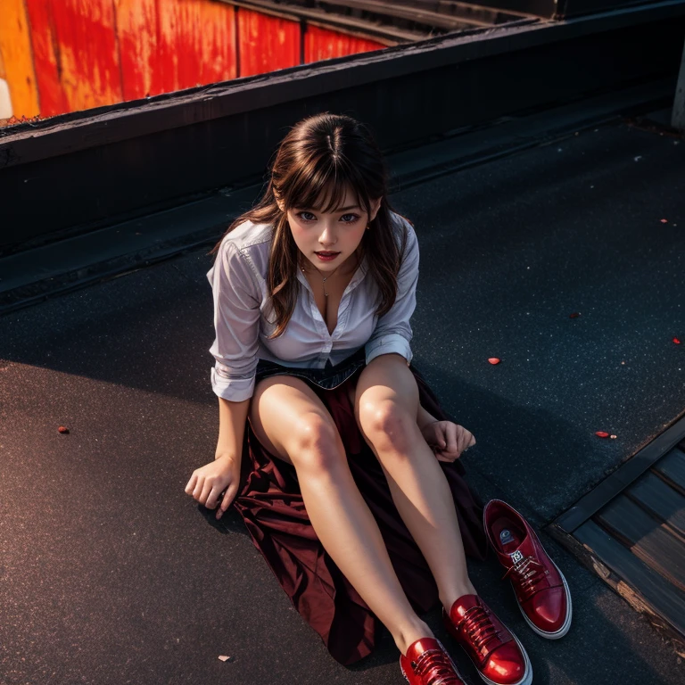 TopQuality 8K UltraDetailed Masterpiece(ProfessionalPHOTO:1.37), ExtremelyDetailed(Office Ladies), Gigantic Cleavage, Undressing ((pull down panties)) ((panty pull)) (wearing a skirt:1.2), Dusk {Rooftop | White Shirt | Blood Stained panties | Red Shoes}, (Acutance:0.8)(Luminism:1.28), Specular reflection, Starry Colorful Particles