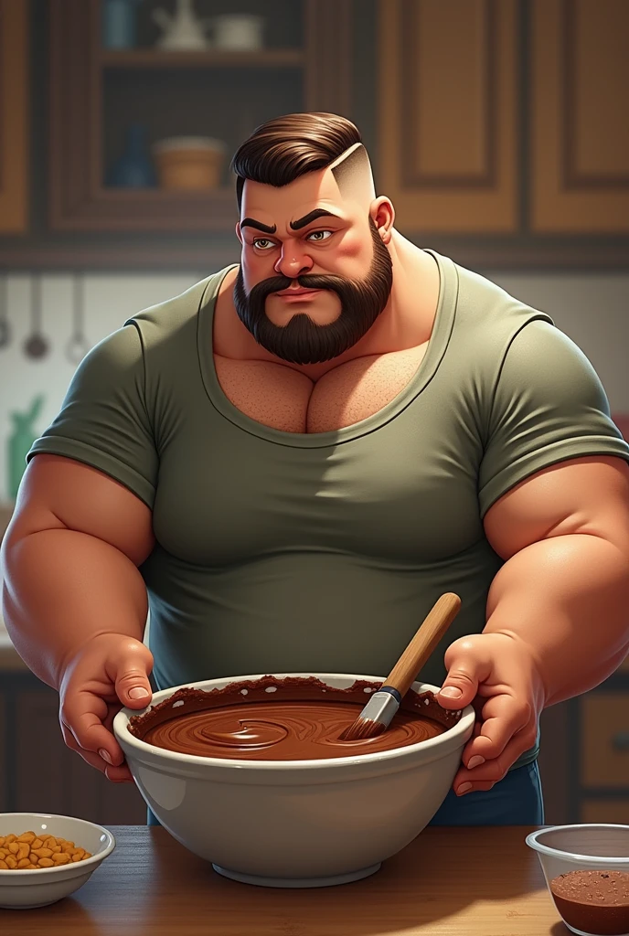 charachter, masculine, fully body, plumpness, sem beard, with a mole in the upper left corner of the mouth, stirring in bowl of brownie batter, with chocolate dough dripping from the mouth