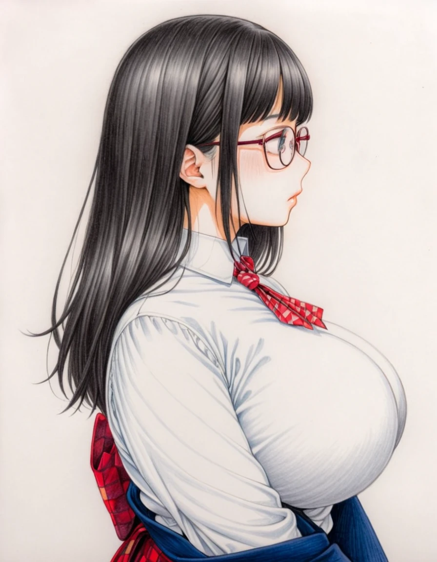 1 female, 30-year-old, alone, thin, slender, (gigantic breasts), nape undercut, Bedhead, Blunt bangs, thin, slender, glasses, White blouse with formal collar, Blue Blazer, Red Check Skirt, Red checkered ribbon on blouse, Are standing, (((glasses))), art, Colored pencil drawing, draft, White background