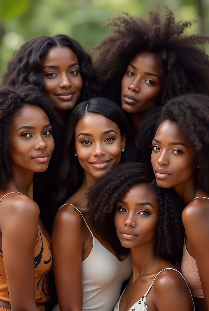 realistic image with several women of different ethnicities(different countries) with hair of different types and curvatures but all perfect and hydrated, one with straight hair, one with wavy hair, another with slightly curly hair, another with curlier hair and a frizzy one, and also make them with different physical characteristics from each other, at least 6 women, one different from the other, especially the different hair