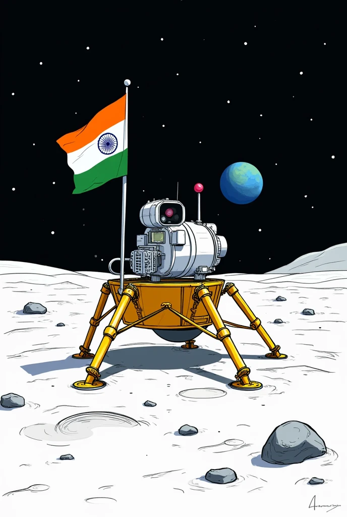 vikram lander with indian flag on moon simple colourful  sketch 