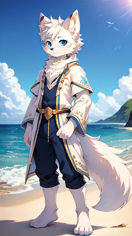a highly detailed portrait of a male arctic fox with white fur, blue eyes, and fluffy ears, standing barefoot on a beach with the ocean in the background, natural lighting, intricate background, extremely detailed facial features and clothing, full body centered composition, perfect focus and lighting