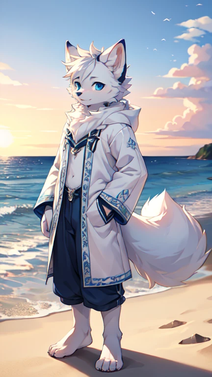 a highly detailed portrait of a male arctic fox with white fur, blue eyes, and fluffy ears, standing barefoot on a beach with the ocean in the background, natural lighting, intricate background, extremely detailed facial features and clothing, full body centered composition, perfect focus and lighting