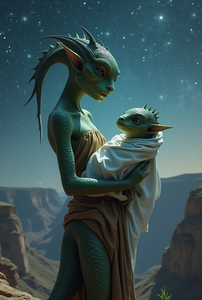Delicate female reptilian,  green scale color with black. She wears a brown cloth, wrapped around the waist and chest . She carries in her arms a blond human baby wrapped in white cloth. , that touches your snout. Beside him is his Reptilian child who looks curiously at the human baby..
They are on top of a canyon at night full of stars 