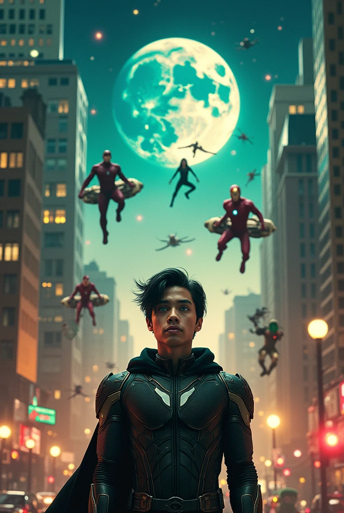 **Scene:** The 20-year-old boy with black hair and green eyes, named [Name], crosses paths in the center of the city with a group of superhero movie characters. The scene takes place on a hot, star-filled night, with tall buildings and illuminated roofs in the background.

**Character List:**

1. [Name] (the 20-year-old boy with black hair and green eyes)
2. Iron Man (Robert Downey Jr.)
3. Captain America (Chris Evans)
4. Thor (Chris Hemsworth)
5. Black Widow (Scarlett Johansson)
6. The Hulk (Mark Ruffalo)
7. Spider-Man (Tom Holland)
8. Doctor Strange (Benedict Cumberbatch)
9. The Flash (Ezra Miller)
10. Wonder Woman (Gal Gadot)

**Composition:**

* The boy, [Name], is in the center of the image, looking up with an expression of shock and admiration. He has a superhero suit and a black hood.
* Iron Man and Captain America stand next to [Name], leaning on their battle-like flying platforms.
* Thor, behind them, stands on a pedestal, with his hammer Mjolnir in hand.
* Black Widow and The Hulk are behind Thor, with combat and fighting aspects.
* Spider-Man and Doctor Strange are on the roof of a building under construction, with research and magic aspects.
* The Flash and Wonder Woman are on the floor, they were running down with speed and strength.

**Lighting:**

* The scene is illuminated by moonlight and stars, with a sunset on the horizon.
* The characters are illuminated by various means, such as the light from Iron Man and Captain America's flying platforms, or the magical light of Doctor Strange.

**Atmosphere:**

* The scene is full of action and energy, with an atmosphere of superheroes and supervillains.
* There is background noise with the siren of vehicles, the sound of alarms and explosions, and the murmur of people observing the scene.

**Color Palette:**

* The color mosaic includes light and dark tones, with a color palette that includes blues, greens, yellows, reds, and whites.
* There is a touch of irony with the colors of superhero suits, such as Ir