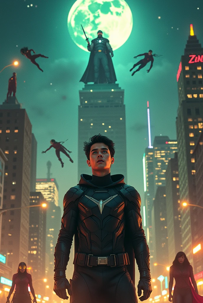 **Scene:** The 20-year-old boy with black hair and green eyes, named [Name], crosses paths in the center of the city with a group of superhero movie characters. The scene takes place on a hot, star-filled night, with tall buildings and illuminated roofs in the background.

**Character List:**

1. [Name] (the 20-year-old boy with black hair and green eyes)
2. Iron Man (Robert Downey Jr.)
3. Captain America (Chris Evans)
4. Thor (Chris Hemsworth)
5. Black Widow (Scarlett Johansson)
6. The Hulk (Mark Ruffalo)
7. Spider-Man (Tom Holland)
8. Doctor Strange (Benedict Cumberbatch)
9. The Flash (Ezra Miller)
10. Wonder Woman (Gal Gadot)

**Composition:**

* The boy, [Name], is in the center of the image, looking up with an expression of shock and admiration. He has a superhero suit and a black hood.
* Iron Man and Captain America stand next to [Name], leaning on their battle-like flying platforms.
* Thor, behind them, stands on a pedestal, with his hammer Mjolnir in hand.
* Black Widow and The Hulk are behind Thor, with combat and fighting aspects.
* Spider-Man and Doctor Strange are on the roof of a building under construction, with research and magic aspects.
* The Flash and Wonder Woman are on the floor, they were running down with speed and strength.

**Lighting:**

* The scene is illuminated by moonlight and stars, with a sunset on the horizon.
* The characters are illuminated by various means, such as the light from Iron Man and Captain America's flying platforms, or the magical light of Doctor Strange.

**Atmosphere:**

* The scene is full of action and energy, with an atmosphere of superheroes and supervillains.
* There is background noise with the siren of vehicles, the sound of alarms and explosions, and the murmur of people observing the scene.

**Color Palette:**

* The color mosaic includes light and dark tones, with a color palette that includes blues, greens, yellows, reds, and whites.
* There is a touch of irony with the colors of superhero suits, such as Ir