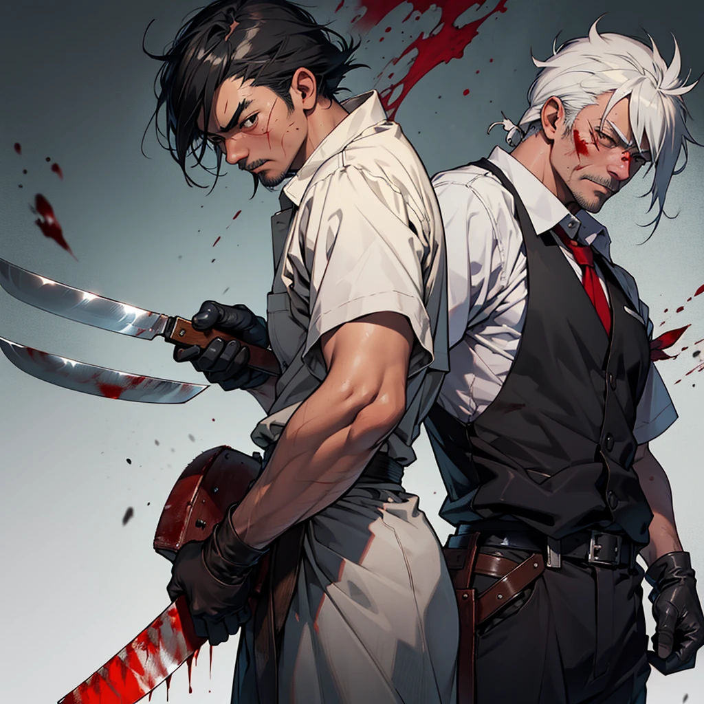 Shirakami Fubuki in a butcher outfit, with a machete in his left hand, with leather gloves up to the elbows, with blood stained on her butcher&#39;s suit, on a stage with flesh and blood