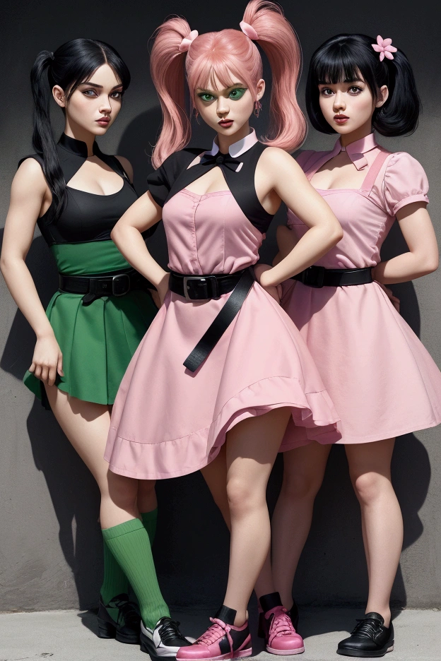 Three realistic girls, inspired by the Powerpuff Girls. Blossom has long, straight red hair, tied with a large pink bow, wearing a pink dress with a black belt and pink shoes. Her eyes are large and pink, with a confident expression. Bubbles has blonde pigtails, wearing a blue dress with a black belt and white shoes. Her eyes are big and blue, with a bright, cheerful expression. Buttercup has short black hair, wearing a green dress with a black belt and black shoes. Her eyes are green, with a fierce and determined look. Realistic lighting, highly detailed faces, and textures. Focus on character design with soft shadows and vibrant colors."