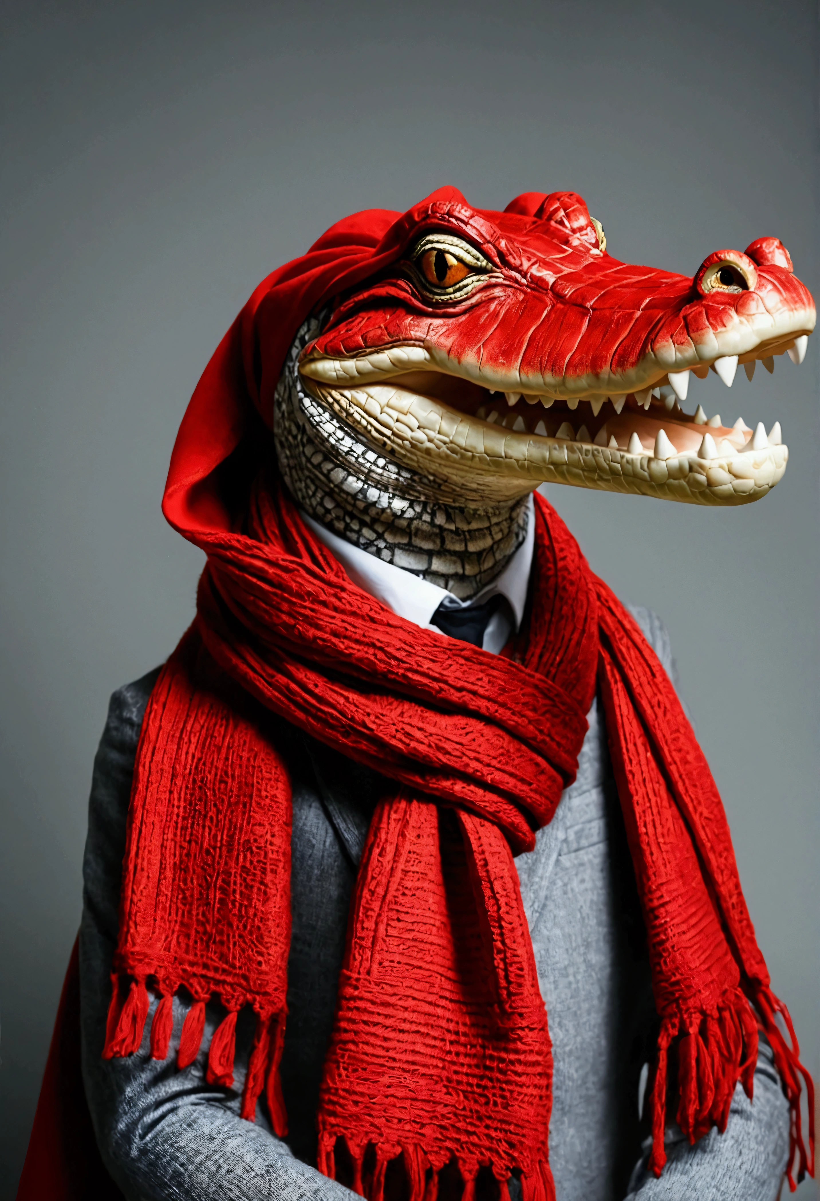 Please make a picture of a red crocodile using a scarf