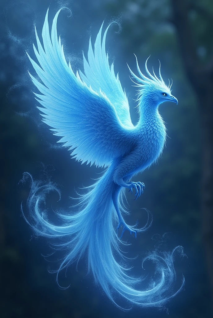 magical phoenix, created by a female fey sorcerer, misty form, anthraquinone blue, hydrodynamic fire, magnetism manipulation, ethereal and powerful, surrounded by a mystical aura