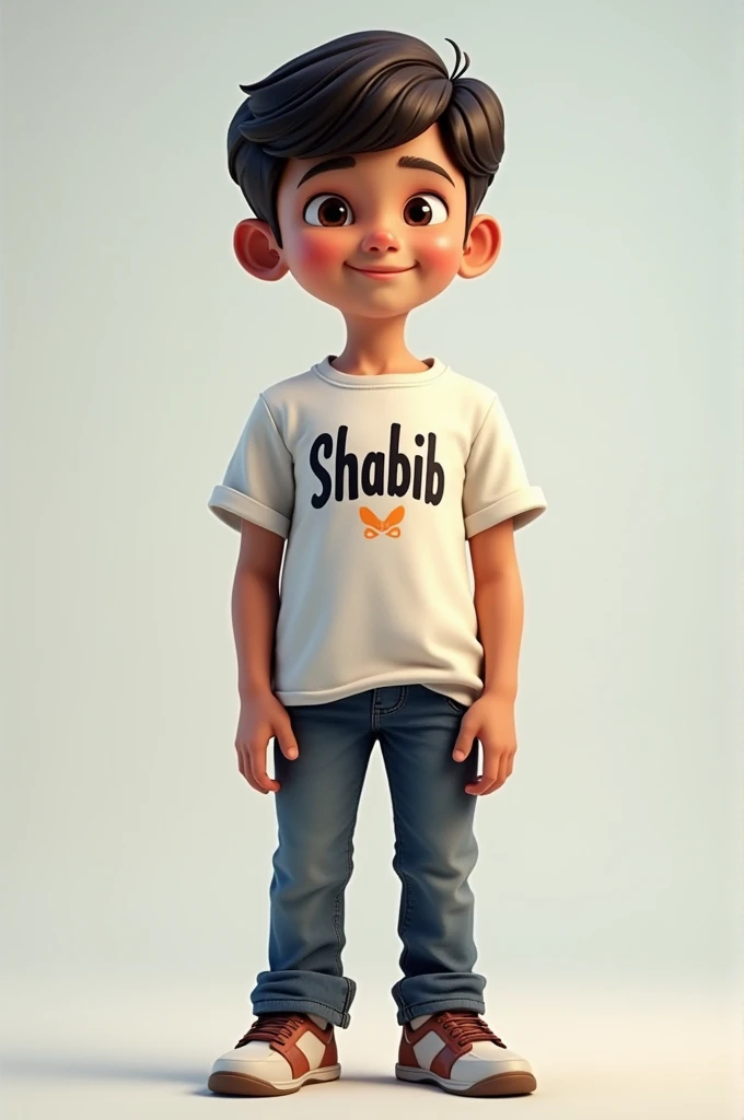 A young boy standing confidently, wearing a casual T-shirt with the name "SHABIB" clearly printed on the front in bold, stylish letters. The boy has short hair, and his facial expression is cheerful. The T-shirt is a solid color, contrasting well with the text, and the overall scene is set in a simple, clean environment to keep the focus on the boy and the T-shirt.