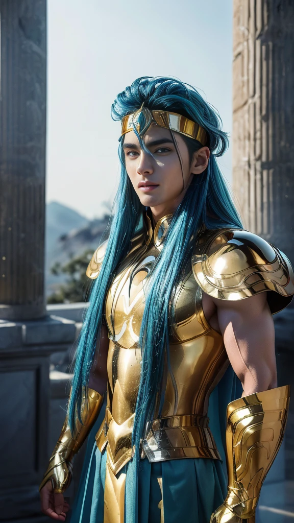 A man, male details, Degel Aquarius from Saint Seiya, masterpiece, best quality, highly detailed RAW color photo, sharp focus, 8k high definition, reading glasses, holding a blue ice energy, long blue hair, turtle neck, male wearing gold shiny armor, light turquoise blue hair, tight-fitting blue undergarment beneath armor, purple eyes, leg armor, shoulder armor, gold armor, reflection on armor, headset, gold headband, sparking armor, white skin-tight transparent vinyl, gentle smile, in an open and well-lit Coliseum with Greek pillars and garden with flowers, Aquarius Armor, standing straight, sacredness, landscape, bright, facial freckles (0.1), to8contrast style, posing in a bright Coliseum with Greek ice pillars, rim lighting (1.4), two-tone lighting with soft highlights, octane, unreal, well-lit, aura of wisdom.