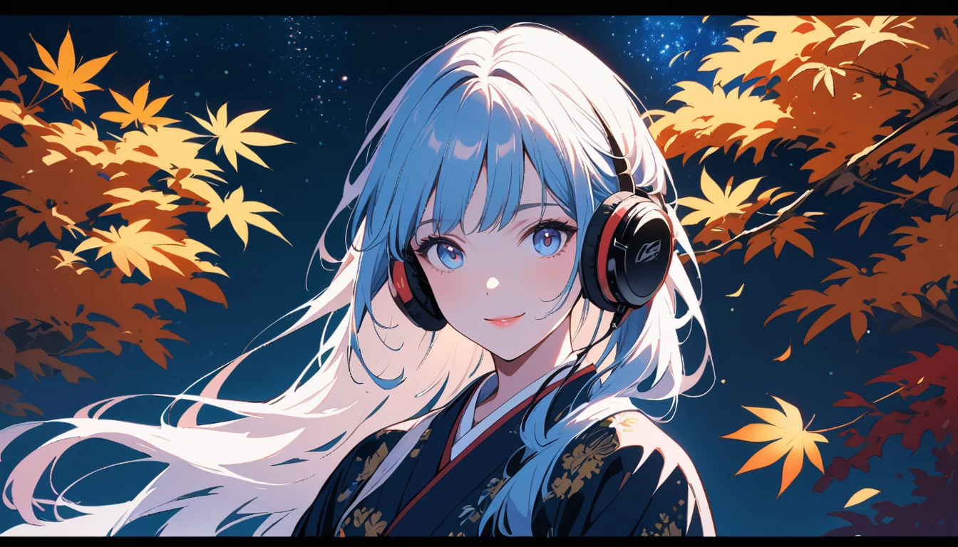 Japanese beauty, closeup of her face, beautiful eyes and lips, Hanfu, autumn scene, golden leaves, moonlight shining through the branches on her hair, in the style of cinematic photography, natural light, high definition. ((headphones)), ((background: night, starry sky)), ((ukiyo-e style)), ((smile)), ((1 girl)),