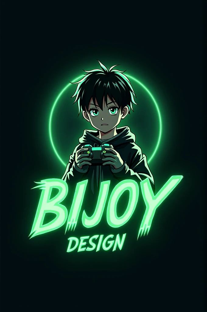 This is a gaming logo that features the name ''Bijoy Design'' in a futuristic font and a neon green colour. And Boy Anime avtar The Logo also has a stylized controller icon.The logo is designed to be attractive and cye-catching, and to appeal to gaming enthusiasts and