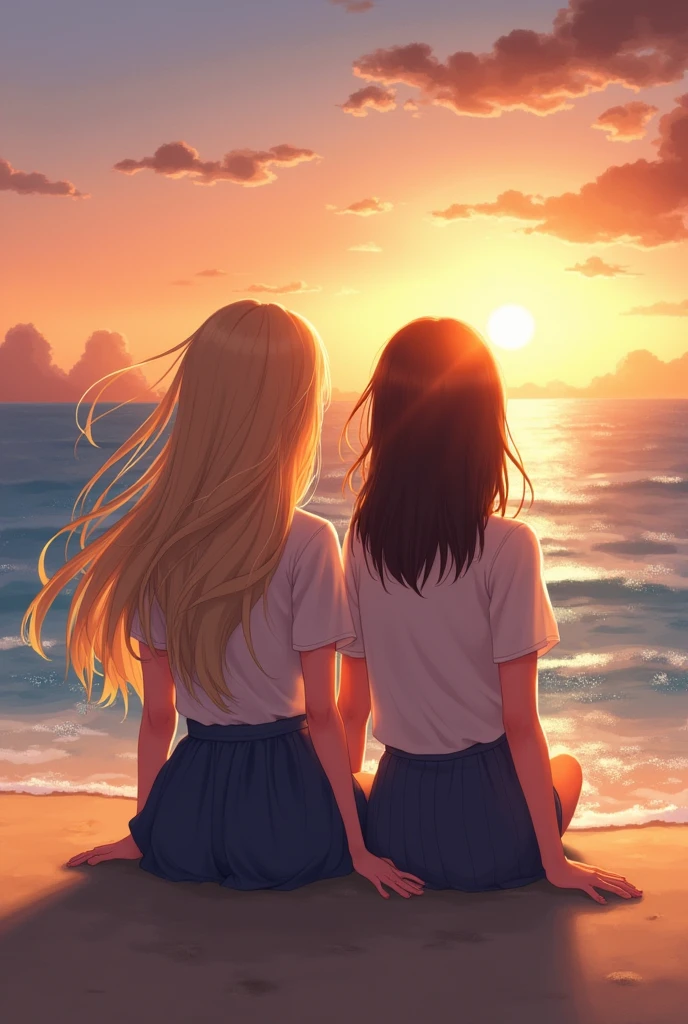 A couple of two girls watching the sunset, one girl has blonde hair and the other has straight hair and the length of her hair is medium, the color brown of her hair and watching the sea on a beach with the sunset