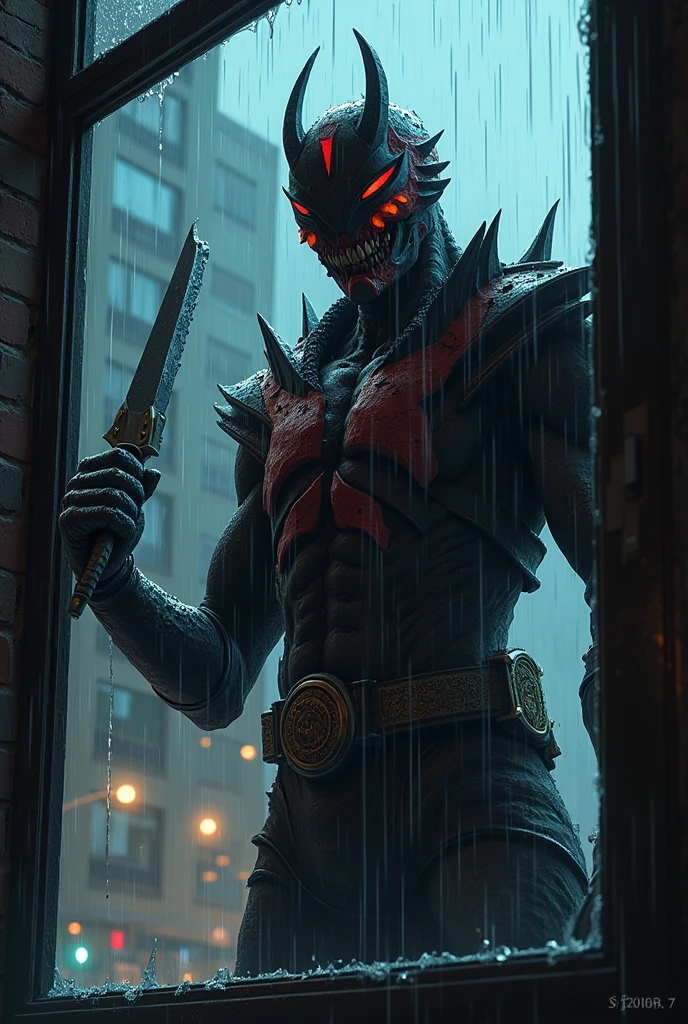 Kamen rider buffa in his zombie form holding his Zombie breaker outside a window in an rainy night
