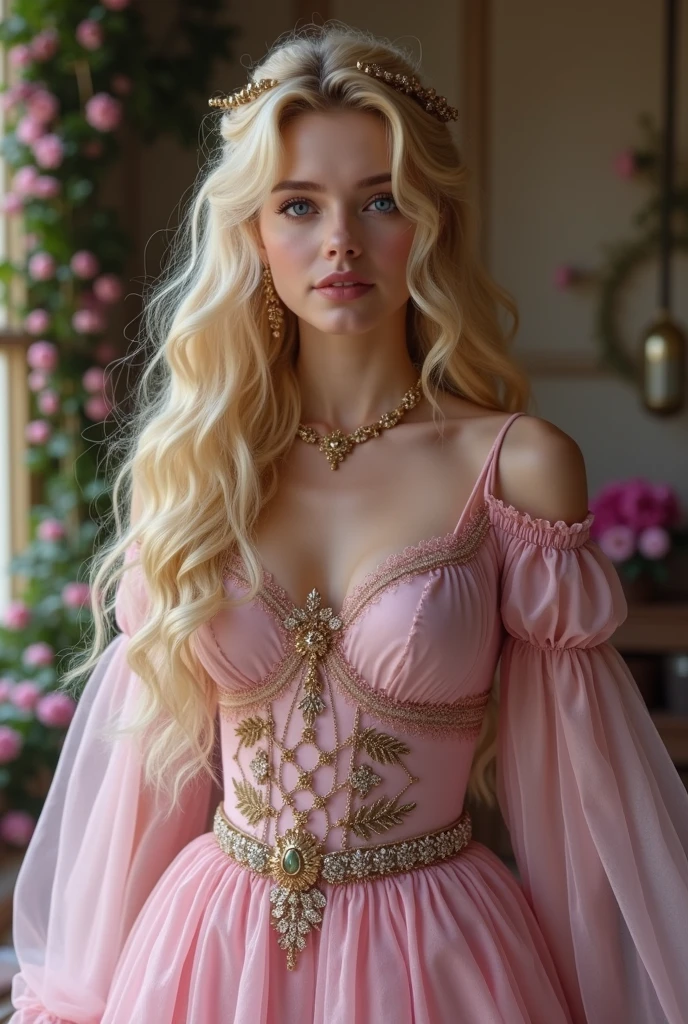  blonde girl with blue eyes in a green princess dress with a bun in her hair, a beautiful princess hairstyle, a beautiful woman with big breasts 