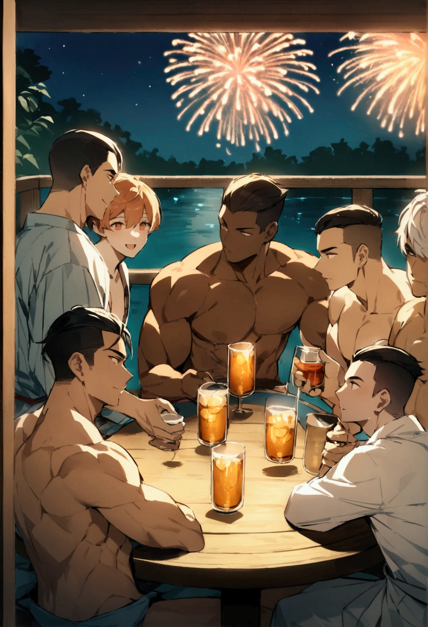 Four muscular men、Surrounding the table、cooking、liquor、starry skies、camp、Bonfire、Embarrassing atmosphere