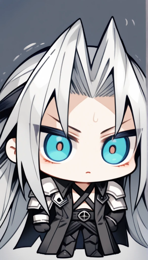 Highest quality,Artistic,solo,One Man, Sephiroth,Fantasy,Simple Background, Chibi Character,surprise,