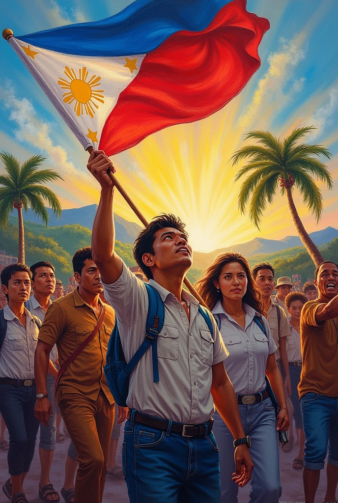 An oil pastel poster thats about filipinos fighting for freedom