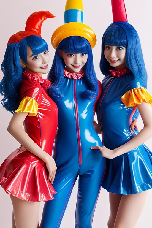 Three clown girls clowning Rubber Suit hair color: blue(1.1) Japanese Red and blue clown suit Two-pronged clown hat Clown makeup