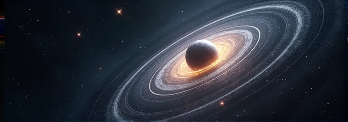 A nucleus with atoms orbiting on outer space with stars on background