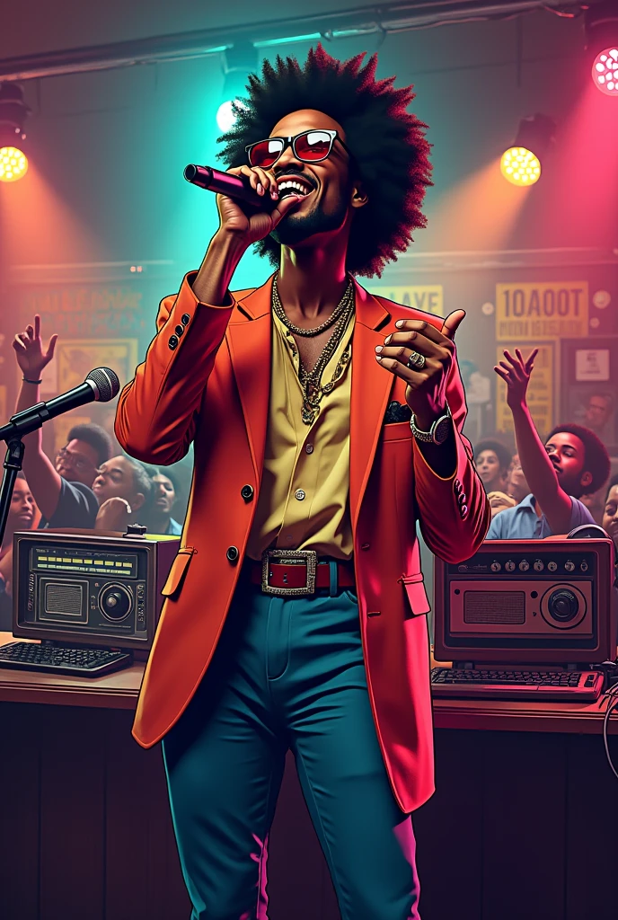 Create an image of a STAR fania singer on a Caribbean radio station and that has something to do with Instagram, They are Caribbean